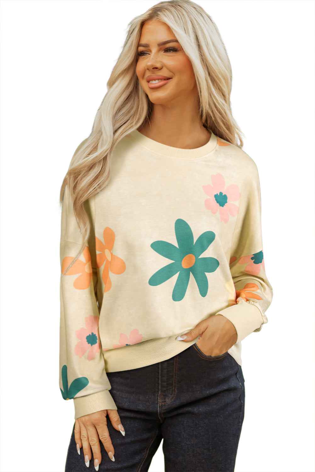 Khaki Flower Print Drop Shoulder Mineral Wash Sweatshirt f26030cc2f7d4c88
