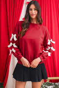 Fiery Red Sweet Bowknot Round Neck Sweatshirt Fiery Red 100%Polyester f266ded06fd69a8e