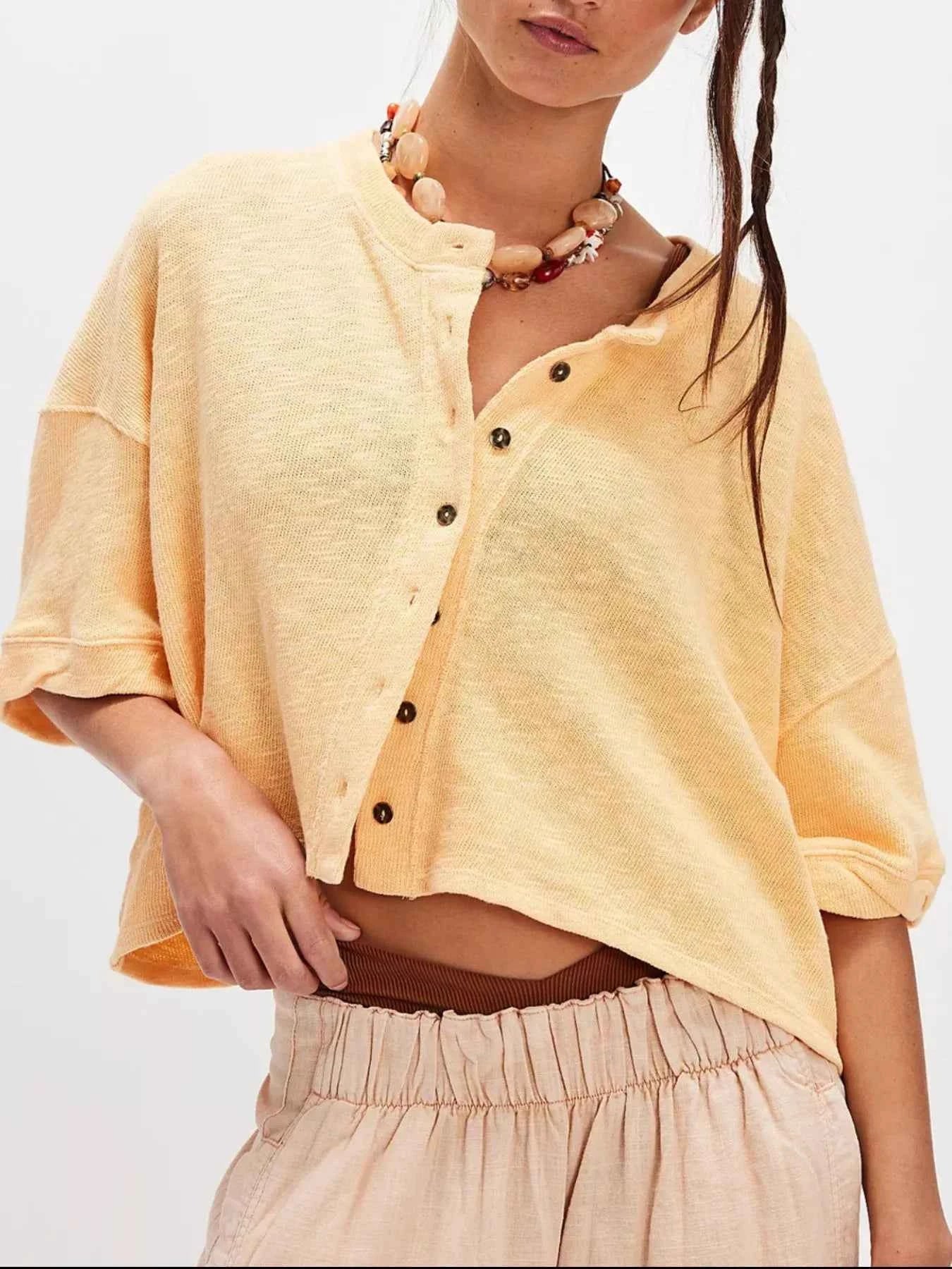 Button-Front Half Sleeve Cardigan Yellow f26b64e3-5758-49d5-a933-5c9caf37de60-Max-Origin
