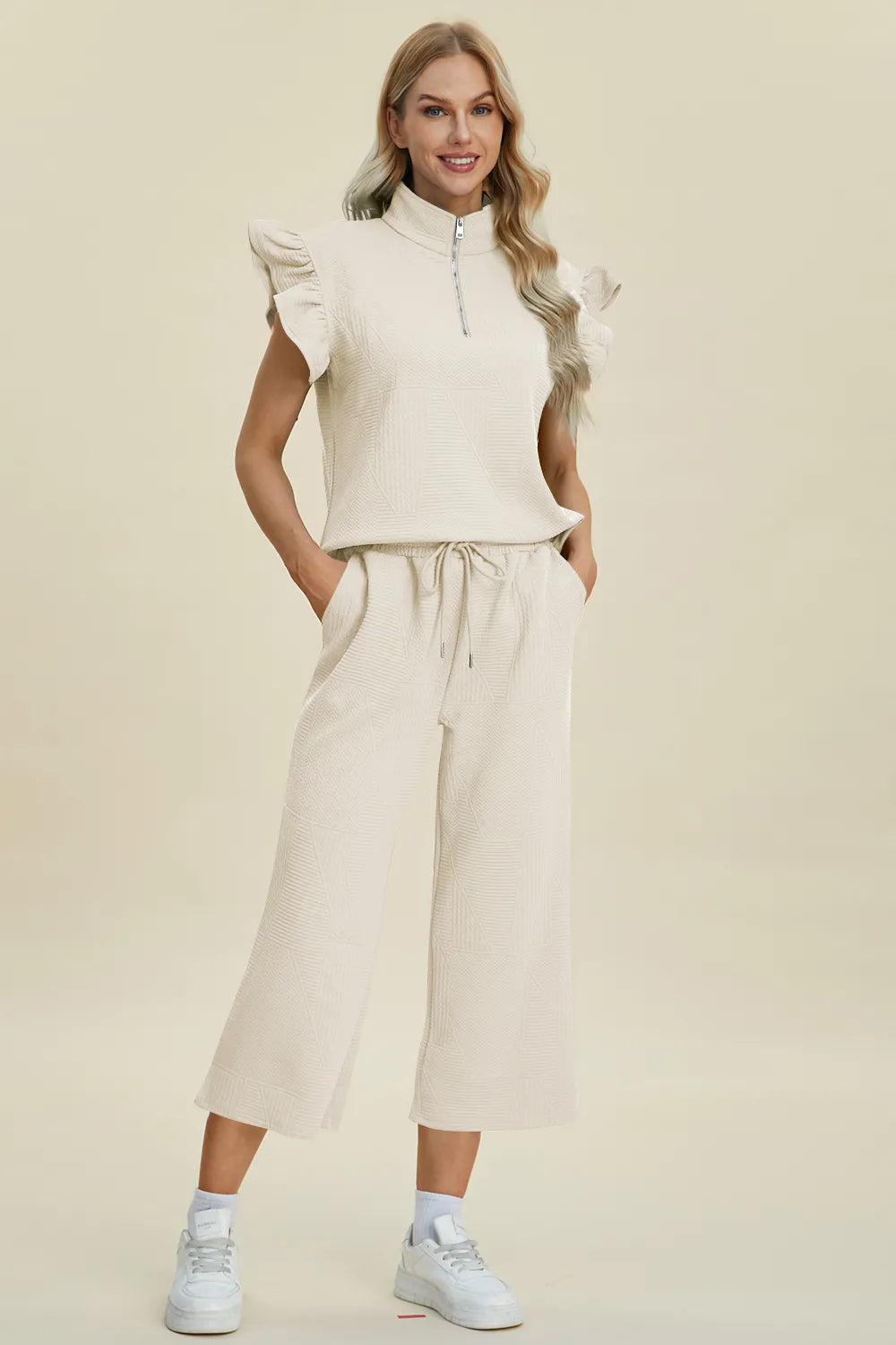 Double Take Full Size Texture Ruffle Short Sleeve Top and Wide Leg Pants Set f26b7057-9904-46b8-bb37-b66ea923352a-Max