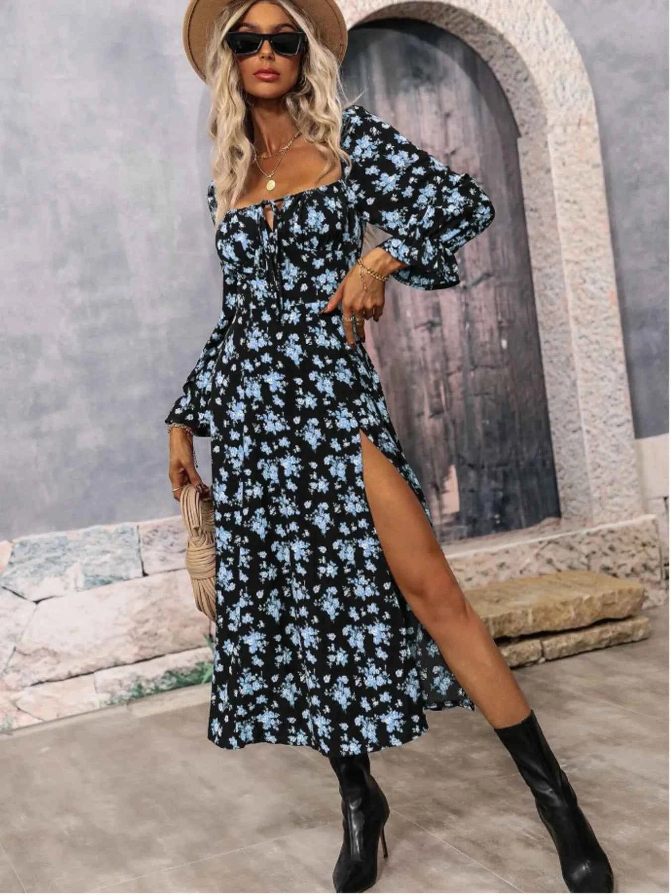 Floral Print Square Neck Flounce Sleeve Dress with Side Slit f26c8fd9f7974c719c51b89f88df7834-Max-Origin