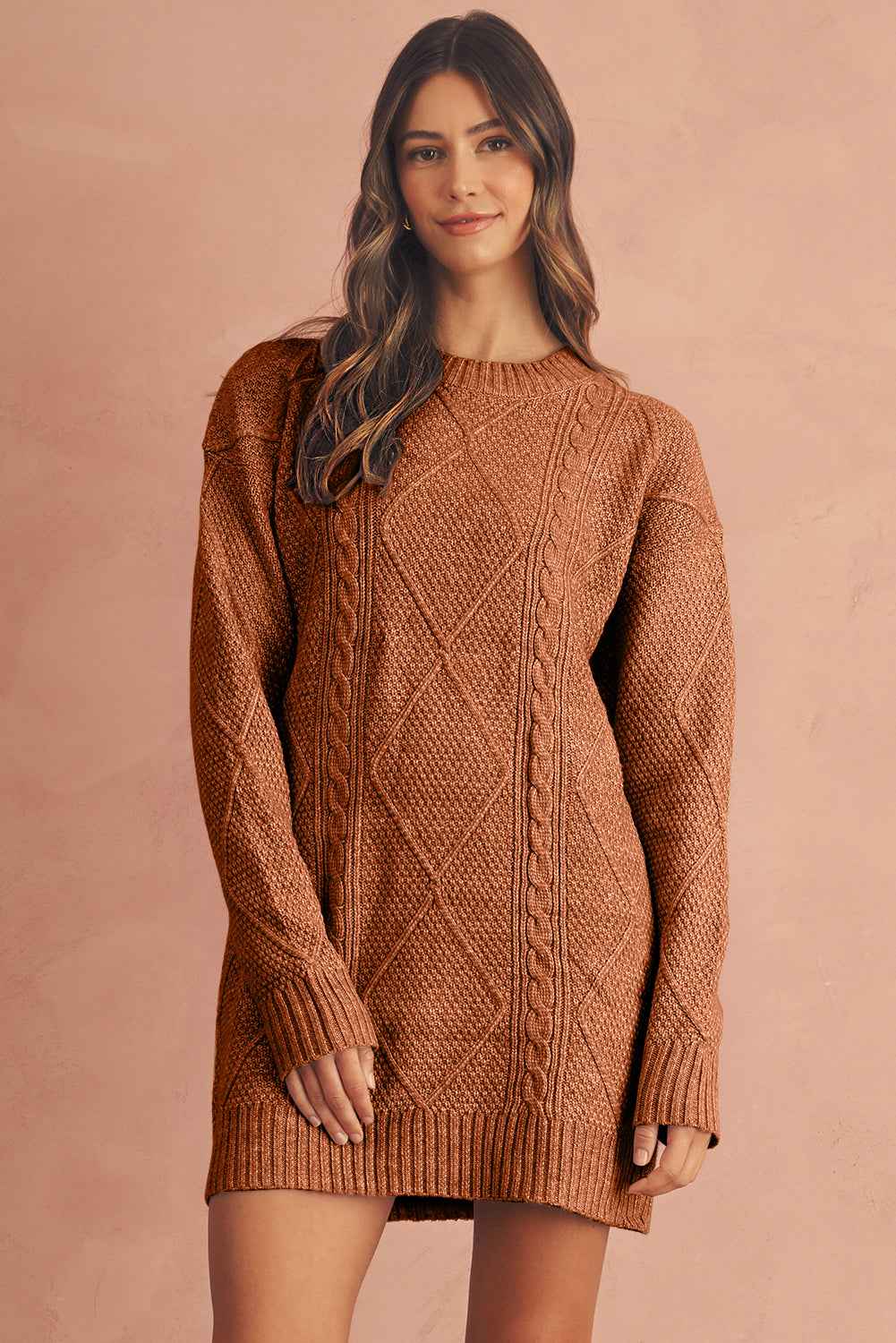 Oatmeal Cable Knit Drop Shoulder Loose Fit Sweater Dress f274bb35e16b1924