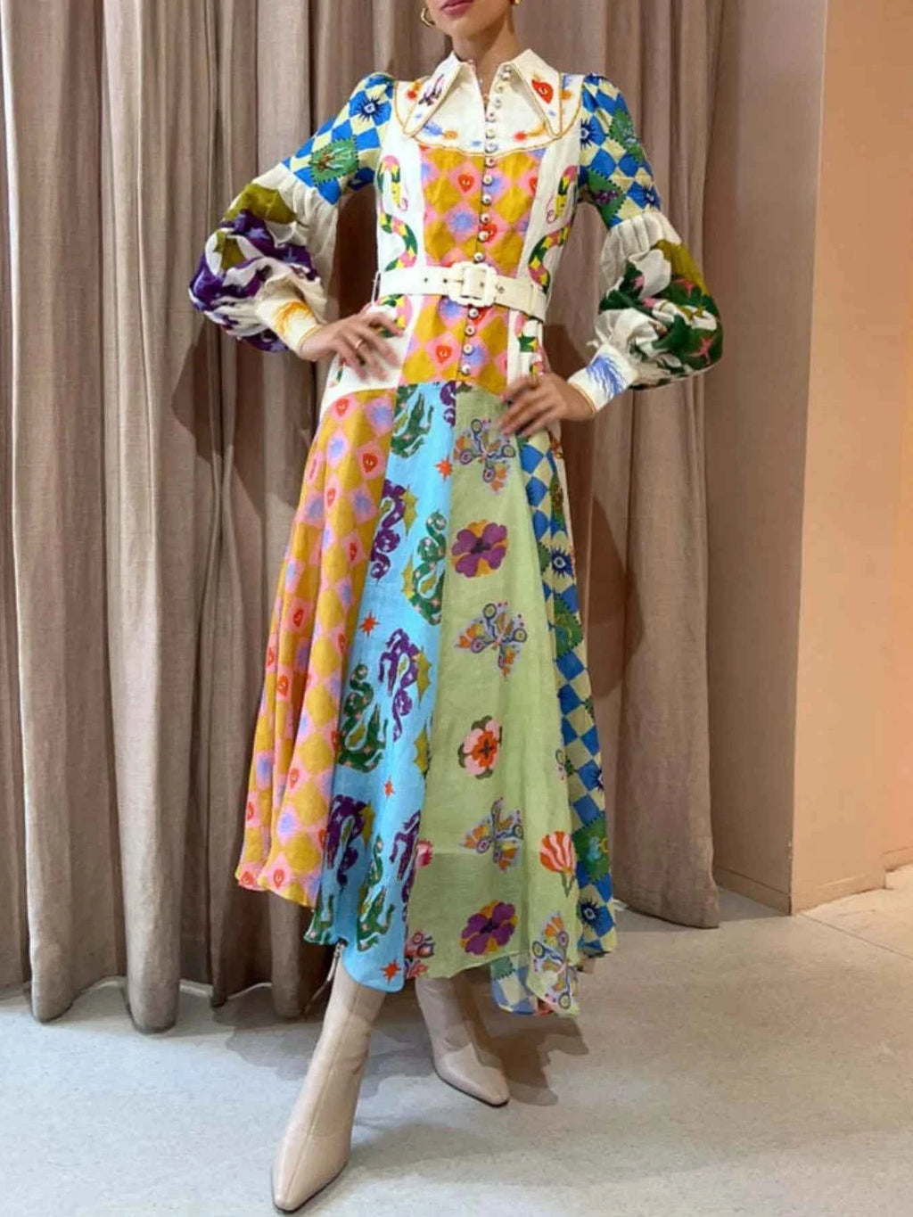 Printed Lantern Sleeve Midi Shirt Dress f278675e-7146-4d3e-b340-a1926575bdd2-Max-Origin