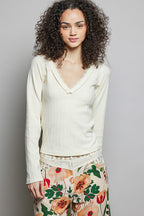 POL V-Neck Long Sleeve Ribbed Top with Lace-Accent Neckband f2793c5c-e964-4068-b7fe-1203f123e153-Max