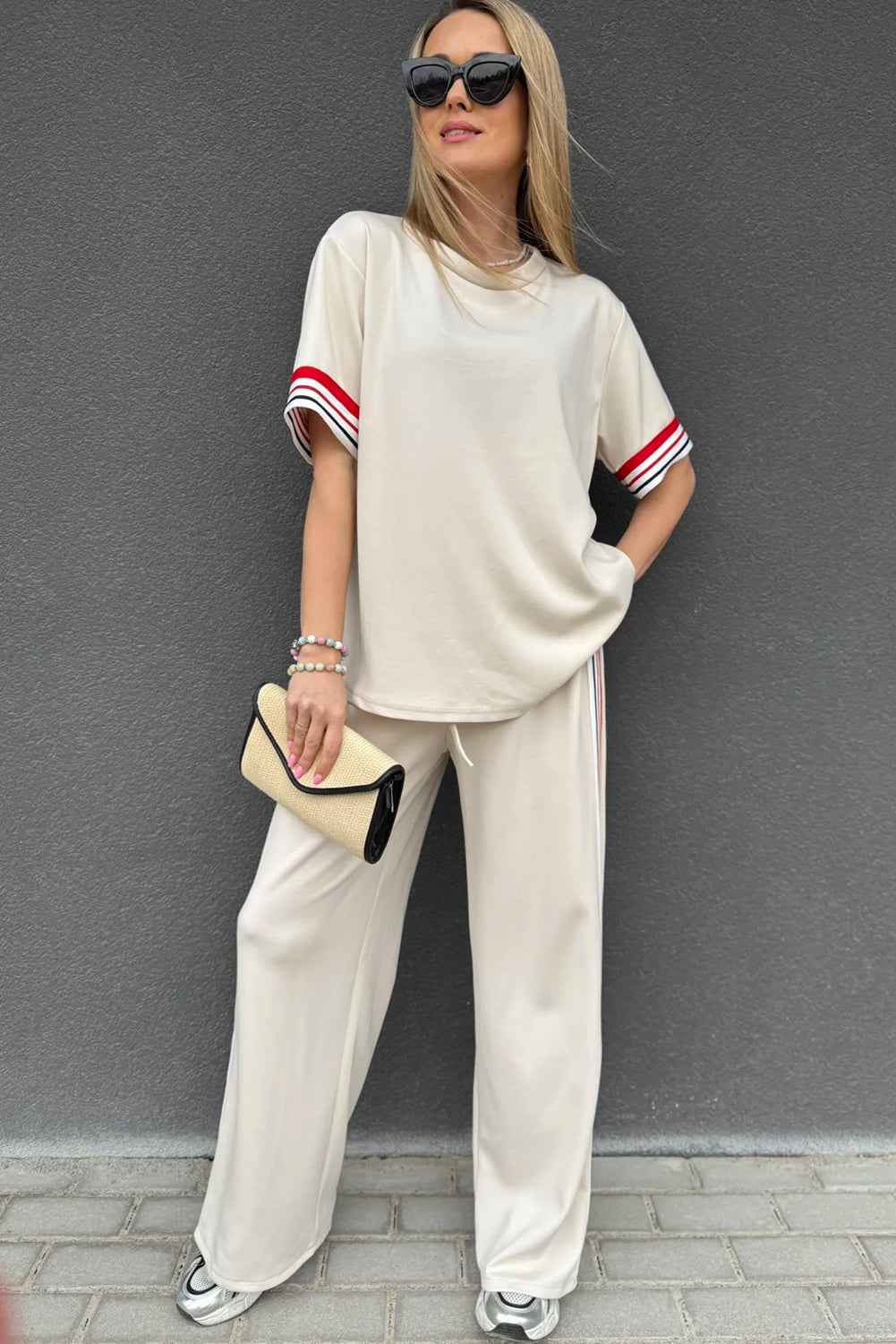 Jet Stream Contrast Striped Trim Crewneck T Shirt Loose Straight Pants Set f27a47844f46c958