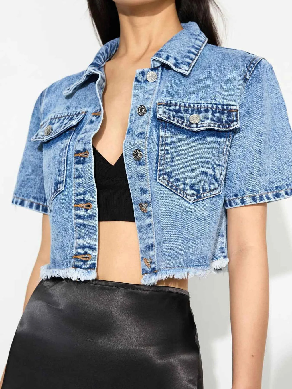 Cropped Short Sleeve Denim Jacket with Frayed Hem Blue f27bbd2391834e518afb794509b69b61-Max-Origin