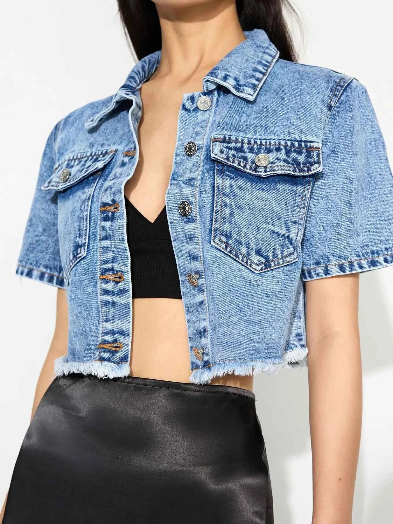 Cropped Short Sleeve Denim Jacket with Frayed Hem Blue f27bbd2391834e518afb794509b69b61-Max-Origin