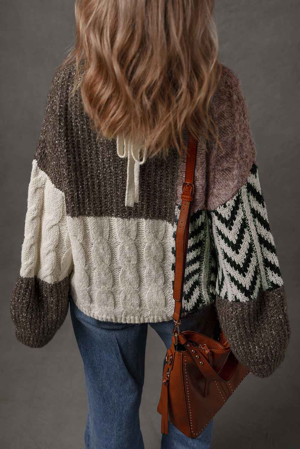 Brown Colorblock Patchwork Knotted Back Loose Fit Sweater f285ca051e4235a1