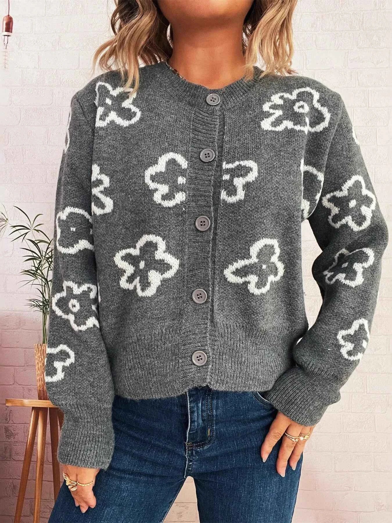 Floral Pattern Button-Up Cardigan Gray One Size f28b159d62464e87b180bd7381b33ae0-Max-Origin