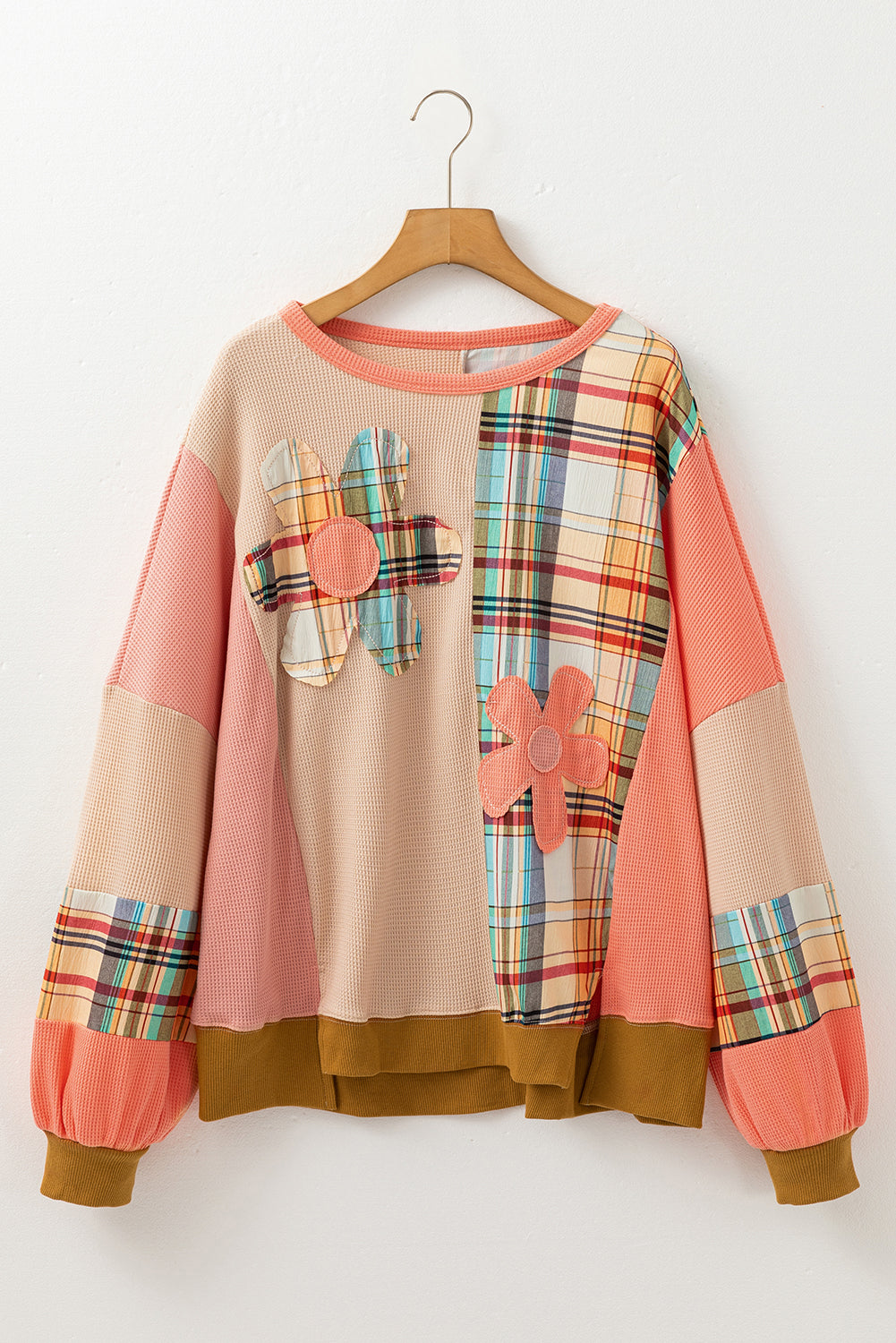 Multicolor Plaid Flower Patchwork Waffle Drop Shoulder Loose Top f28b732251339004