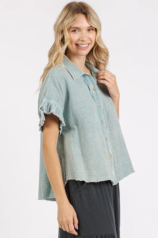 Mineral Washed Button Down Flounce Sleeve Shirt f28db908-13f1-4b35-b320-6fc4852f57d8-Max