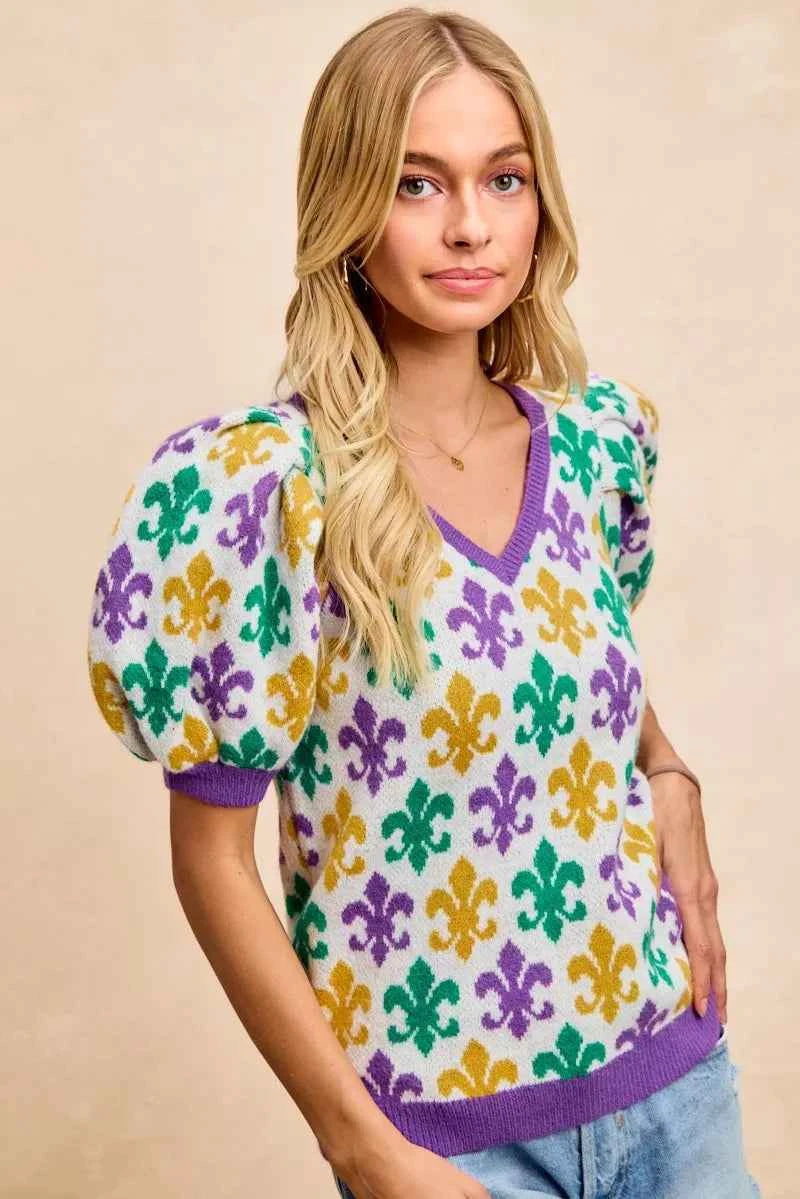 BiBi Mardi Gras Fleur De Lis Patterned V Neck Knit Top f28ddd880019422095d33a289f1e41c2-Max-Origin