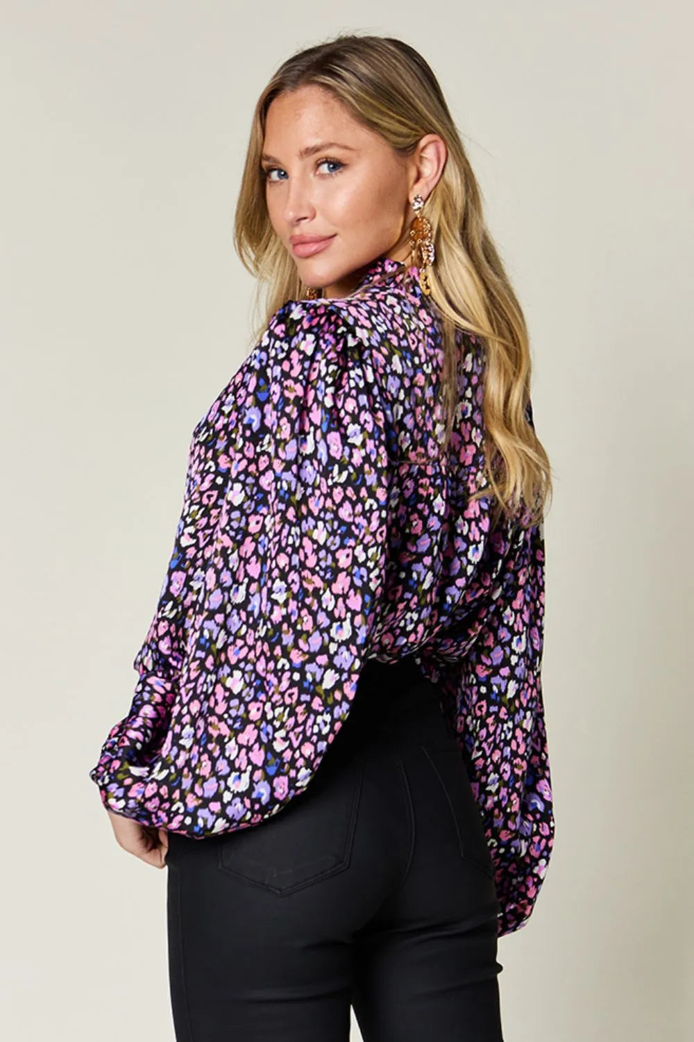 Double Take Full Size Printed Balloon Sleeve Shirt f2901cba-4a30-4b99-941d-f6761b81c8cf-Max
