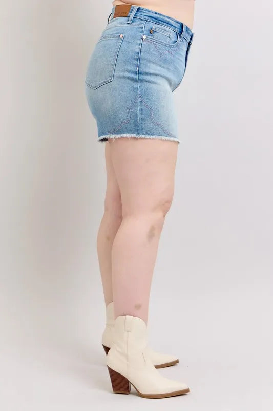Judy Blue Full Size High Waist Western Embroidery Detail Cut Off Denim Shorts Plus Size f29241d3-b806-4e9b-b483-d6958747d4f9-Max-Origin