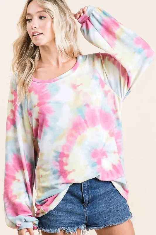 Tie Dye Print Terry Top With Puff Sleeves PINK MULTI f29523597c244ebeb4c11d414ef97cd3-Max-Origin