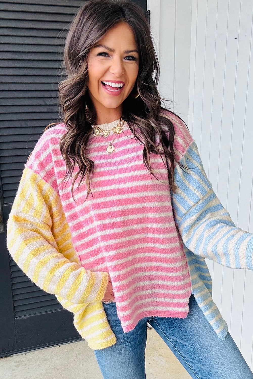 Multicolour Colorblock Striped Patchwork Dolman Sleeve Slit Sweater f2953f38a3f57e15