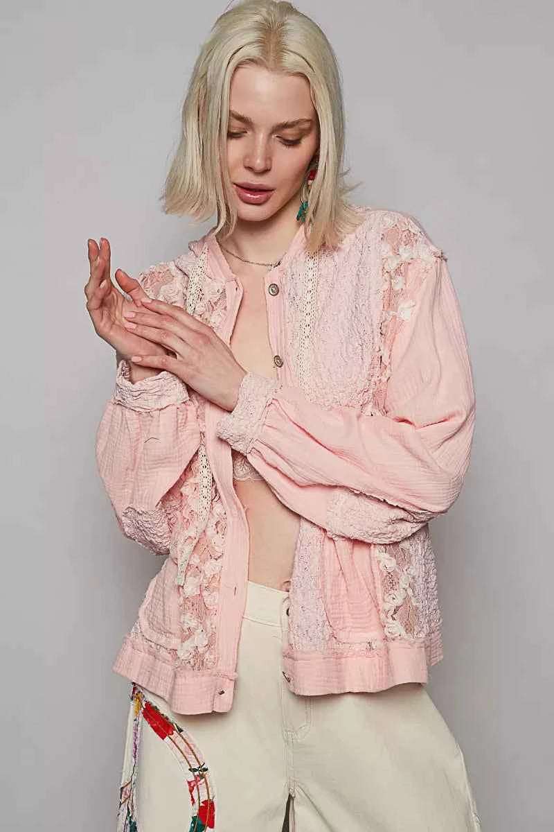 POL Exposed Seam Button Down Hooded Jacket with Lace Detail f29958d2-f325-473d-b550-166111395007-Max-Origin