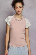 POL Round Neck Outseam Detail T-Shirt with Contrast Color Sleeves ROSE IVORY f29d74ae-bac7-496e-bfa2-c8049a077acf-Max-Origin
