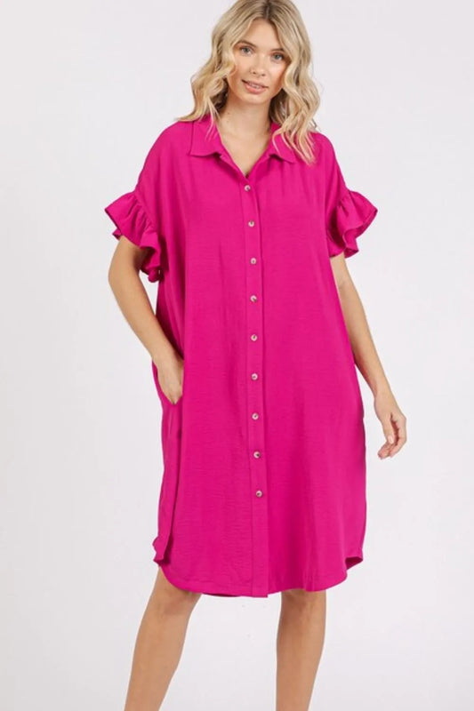 Button Down Flounce Sleeve Dress with Pockets f2a1feb7-fcb6-4eac-bab6-f403b8e07378-Max