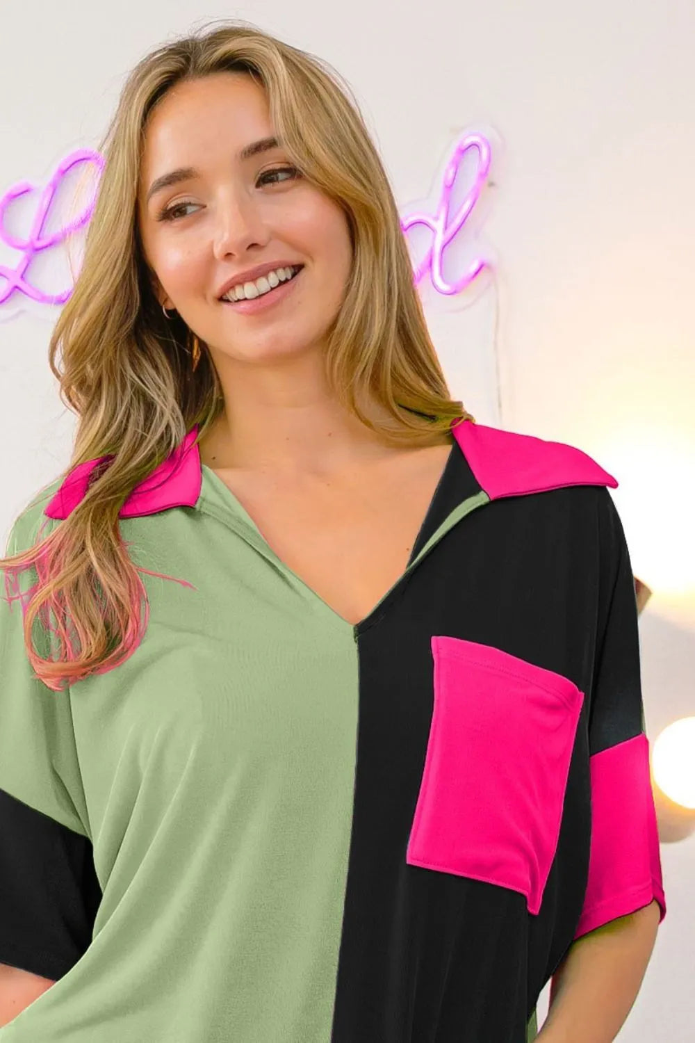 BiBi Slinky Knit Color Block V Neck Front Top SAGE BLACK FUCHSIA f2a3164c-f44e-4cfc-980c-2f3efb3bedb5-Max-Origin