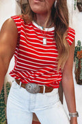 Red Stripe Ribbed Round Neck Trim Loose Tank Top Red Stripe 95%Cotton+5%Elastane f2a43698d33c4b4e