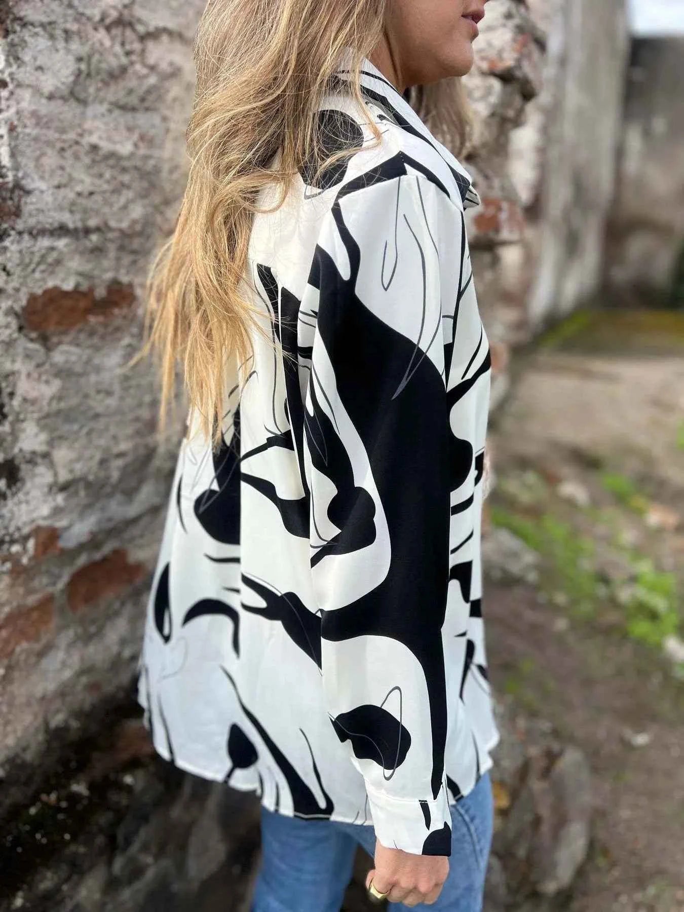 Full Size Abstract Print Long Sleeve Button-Up Shirt Plus Size
