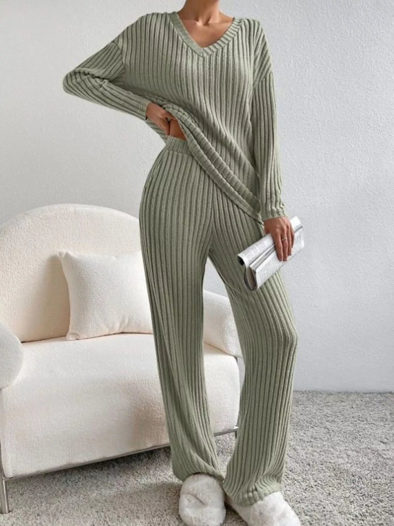 Ribbed V-Neck Top and Pants Set Green f2b43487-54b4-47bd-97f3-f325d50dae5f-Max-Origin