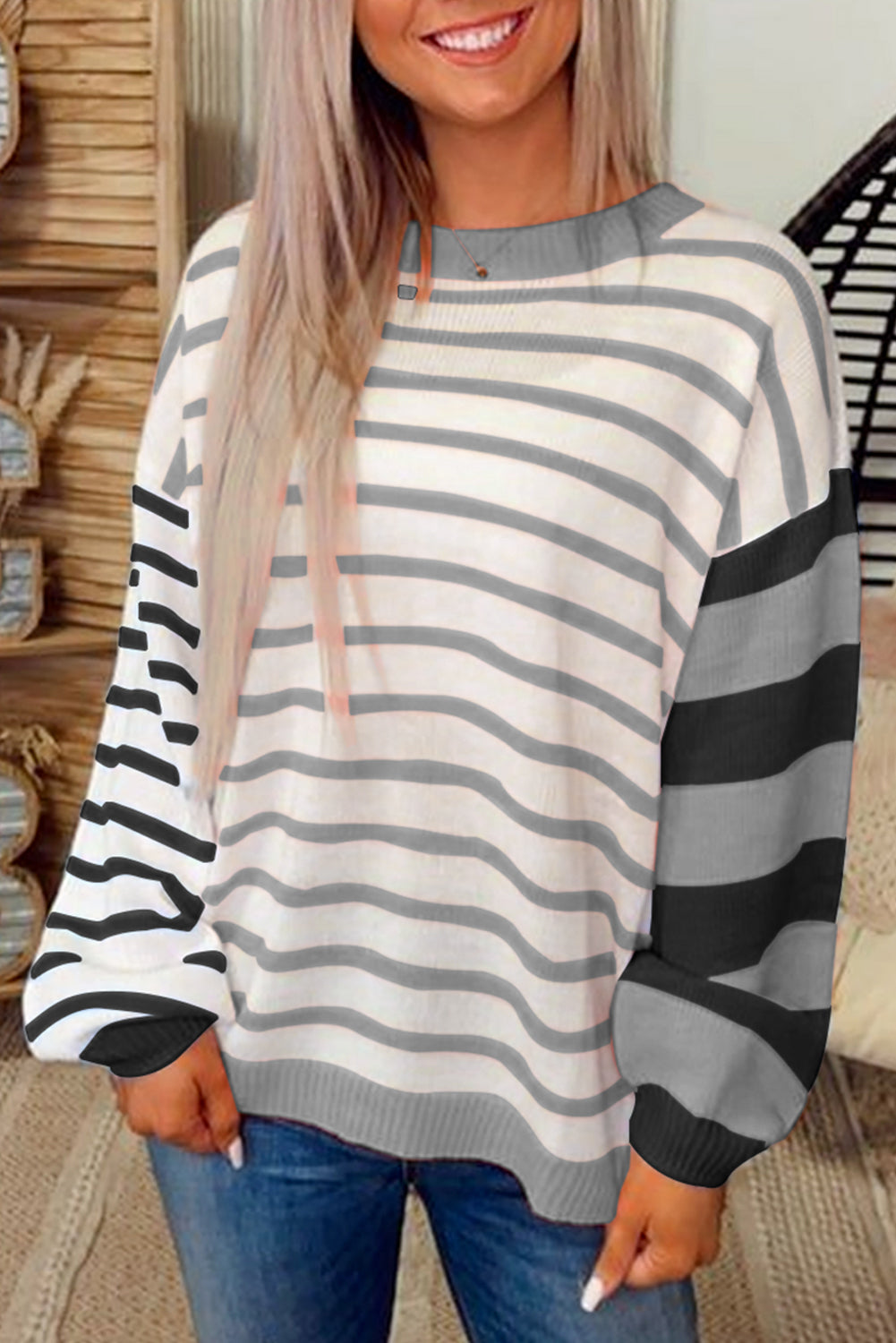 Orange Striped Colorblock Pullover Sweater f2b986236ce93b85