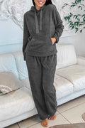 Medium Grey Fuzzy Drawstring Hoodie Lounge Pants 2pcs Set Medium Grey 100%Polyester f2bc8e49ff0023a0