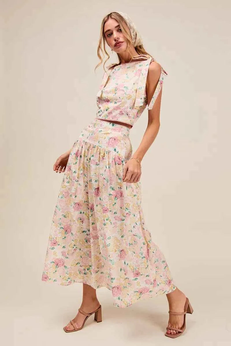 SO ME Floral Printed Woven Shoulder Bow Tie Top and Skirt Set f2c0c62efca944d6a6084658b731b4db-Max-Origin