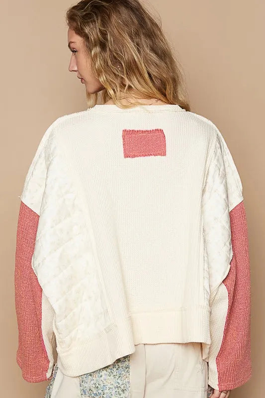 POL Waffle-Knit Contrast Notched Long Sleeve Knit Top f2c4338e-33fc-4889-9871-323d7f304562-Max