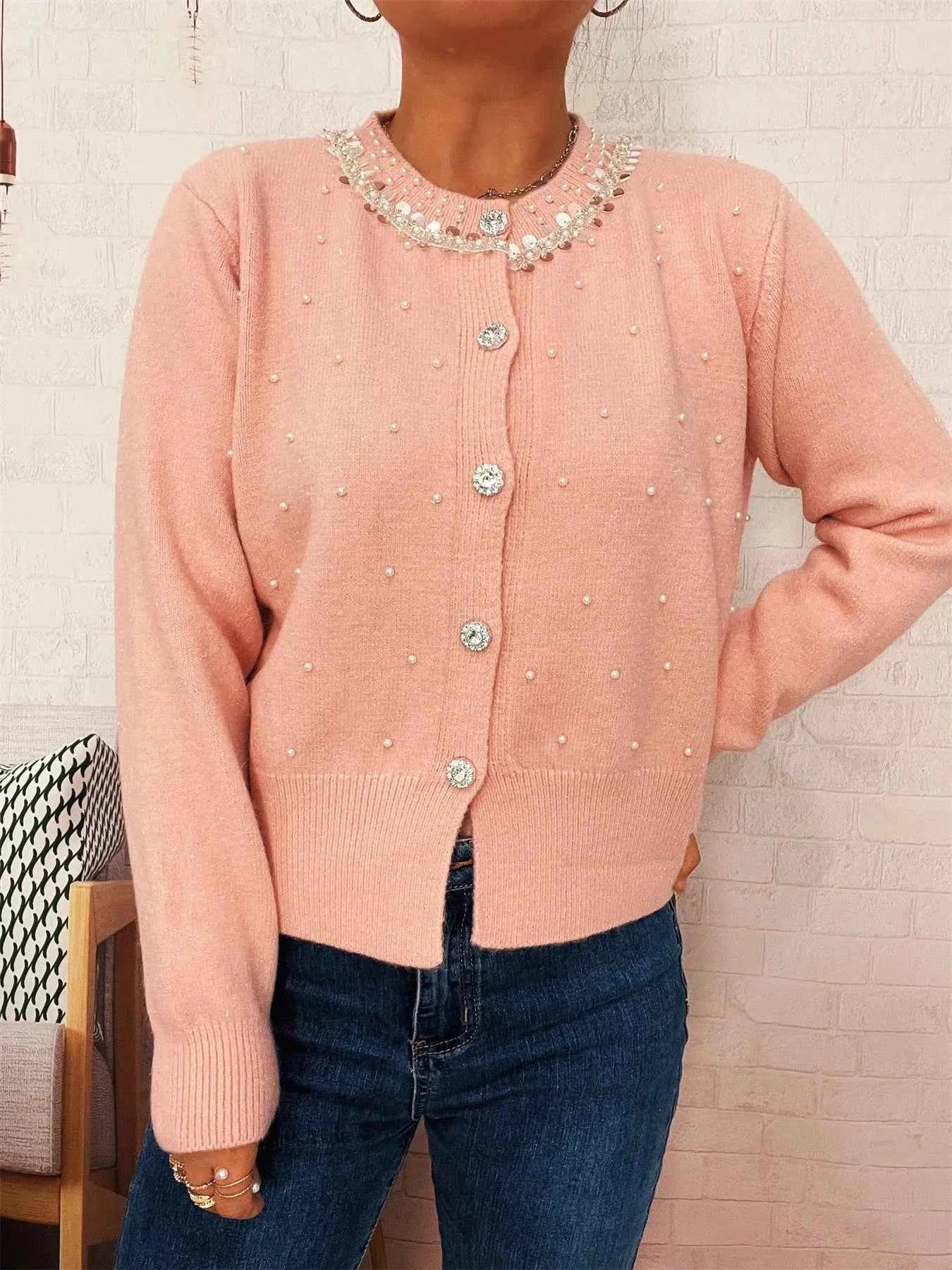 Pearl Detail Button-Front Cardigan f2c51f86d32b4189ad64622036d7af46-Max-Origin
