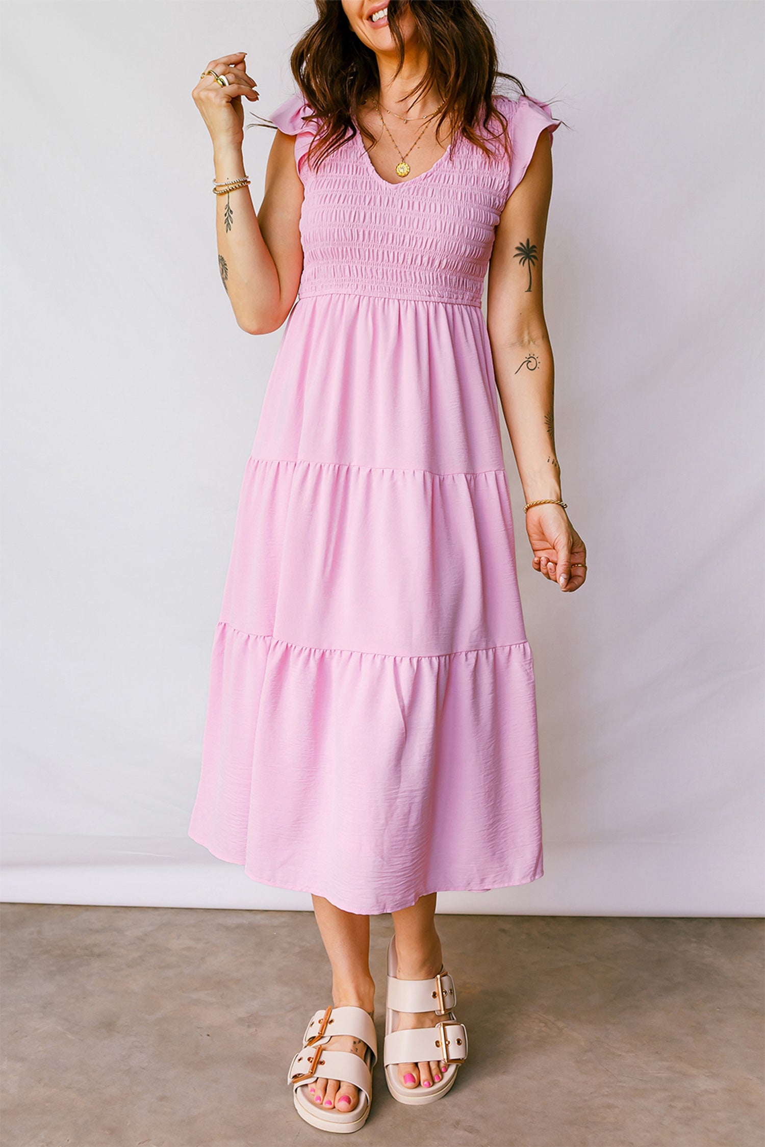 Pink Smocked Bodice Flutter Sleeve Fit Flare Tiered Midi Dress f2c6b1006903baa5