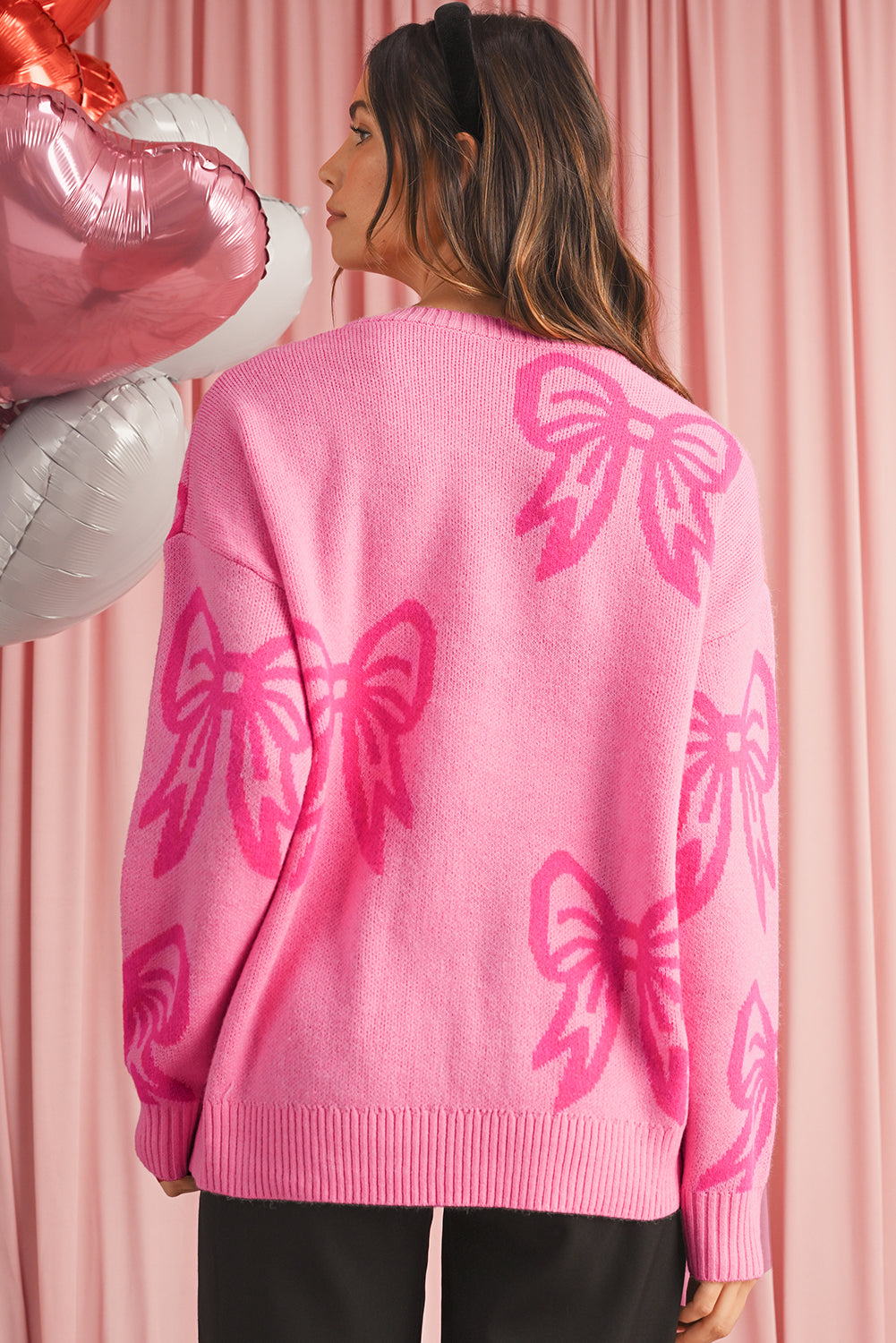Pink Bow Pattern Drop Sleeve Loose Sweater f2c846fc684f883c