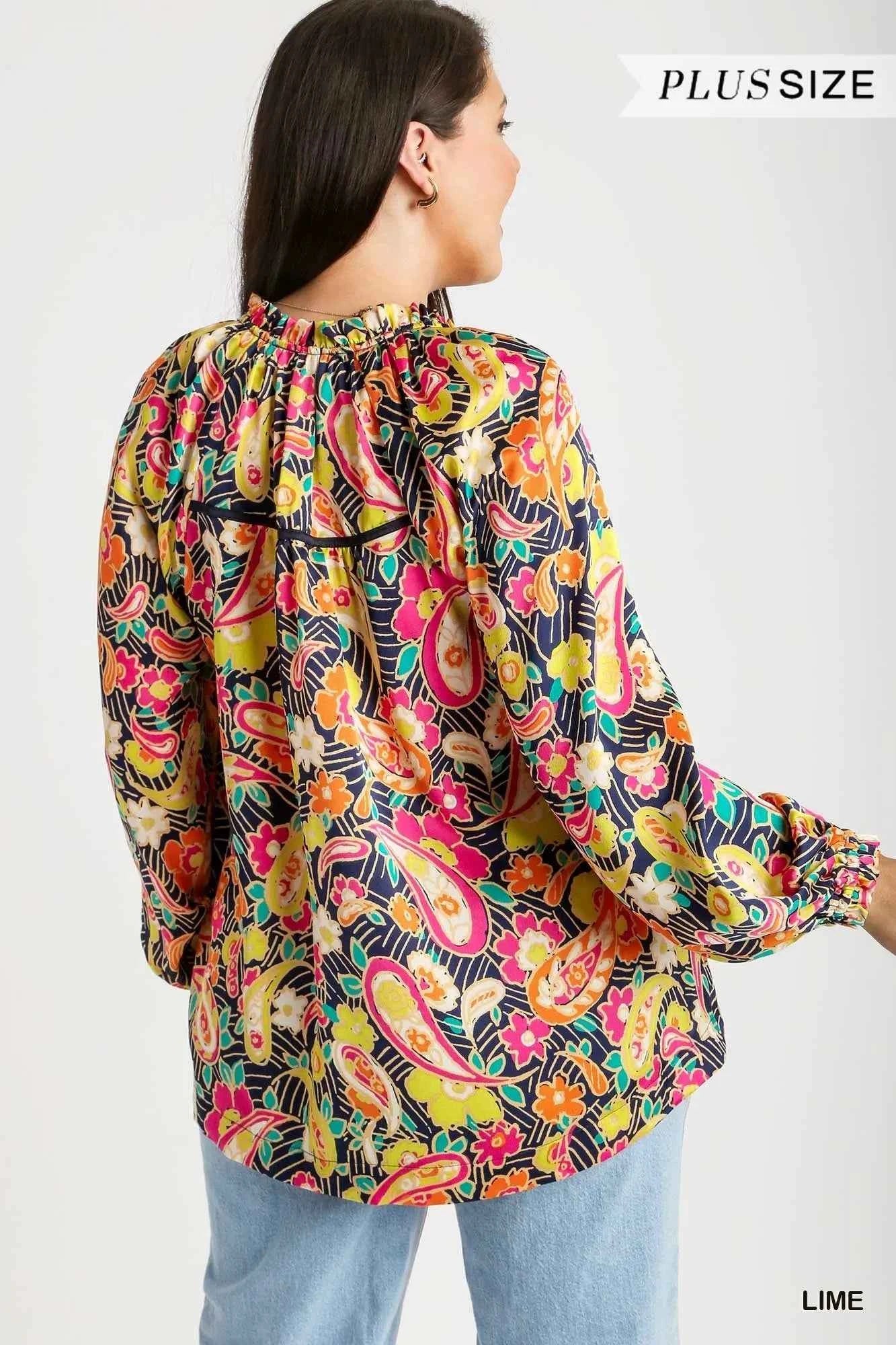 Umgee Full Size Satin Paisley Ruffle Neck Button-Up Shirt Plus Size f2c8da7d-b132-472e-b6f0-0417541ebb54-Max-Origin