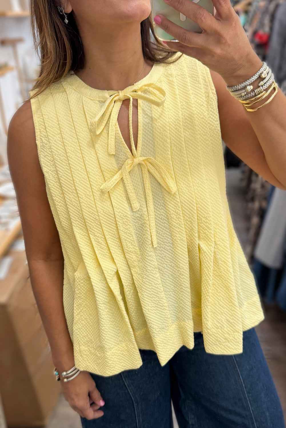 Yellow Cream Bow Tie Notched Neck Pleated Sleeveless Top f2c9ff236afc5613