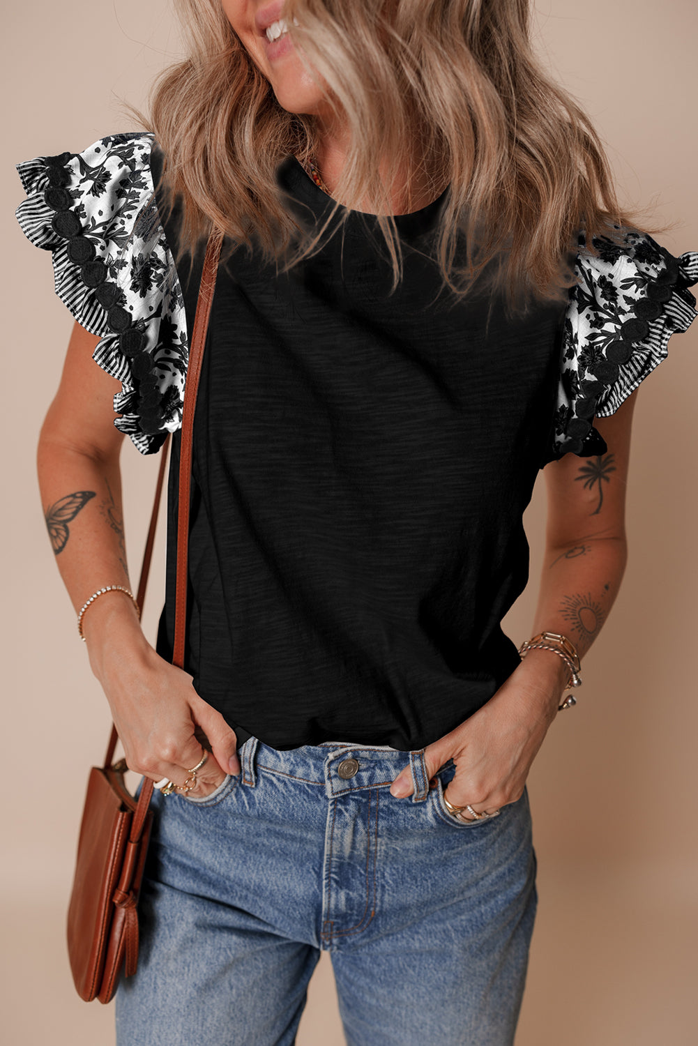 Blue Floral Striped Patchwork Flutter Sleeve Blouse f2cdcf2690e69198