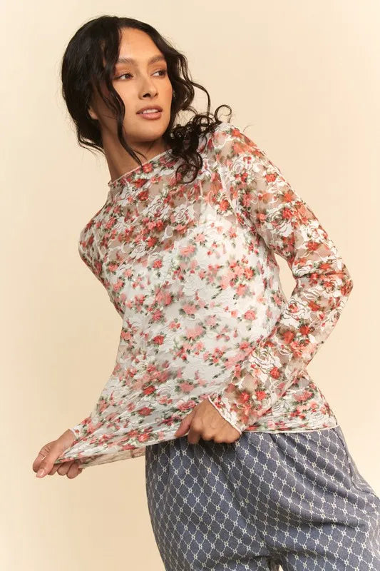 Floral Print Mesh Long Sleeve Layering Top f2ce56c12c8140c5a09ea55c8a8d6731-Max-Origin
