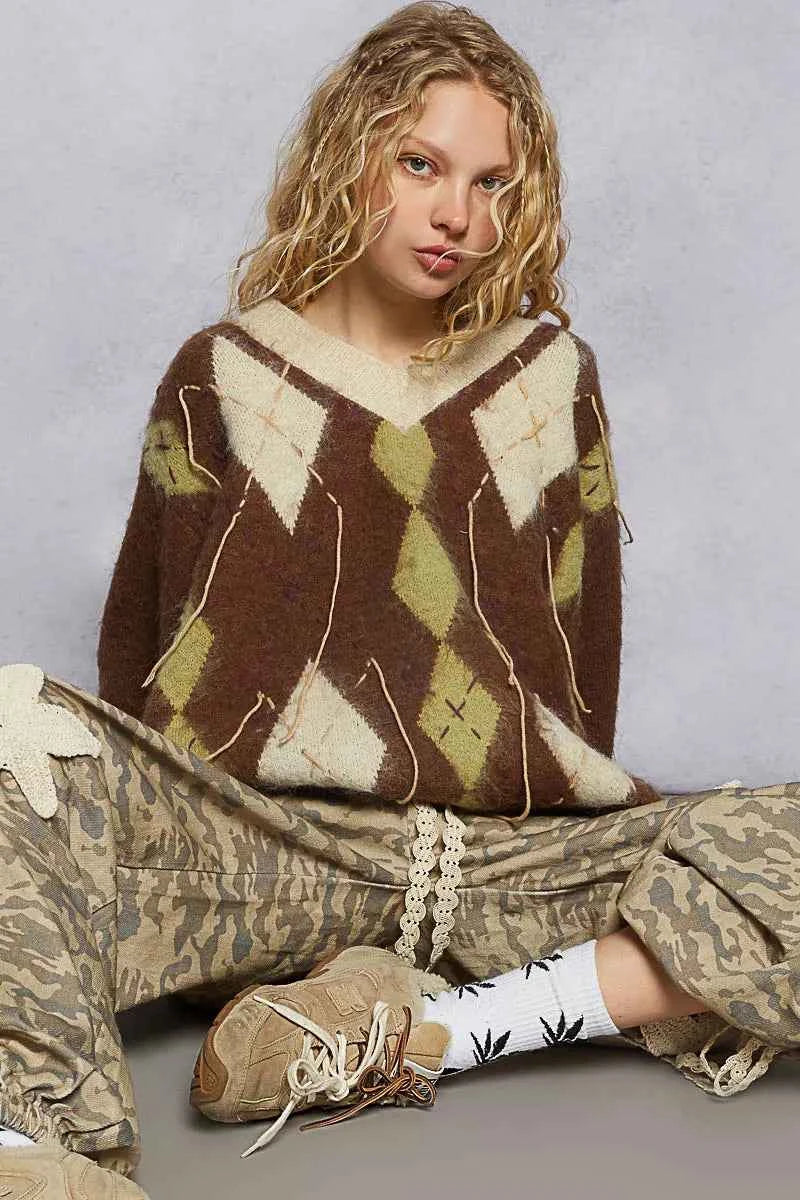 POL V-Neck Argyle Pattern Mohair Sweater with Contrast Exposed Stitch Detail f2cfee98-7ea9-4559-a8dd-d9d79ab31d21-Max-Origin