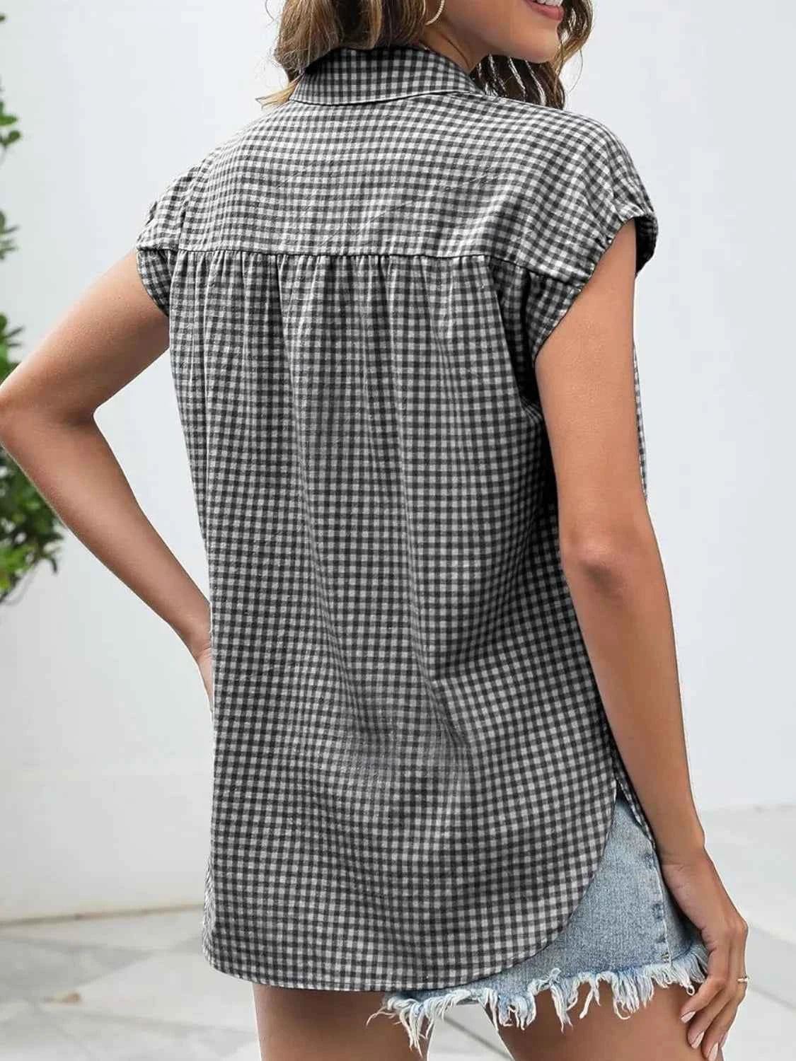 Plaid Button Up Cap Sleeve Shirt f2d128d3-0b0f-4007-8bdb-da304a914ffe-Max-Origin