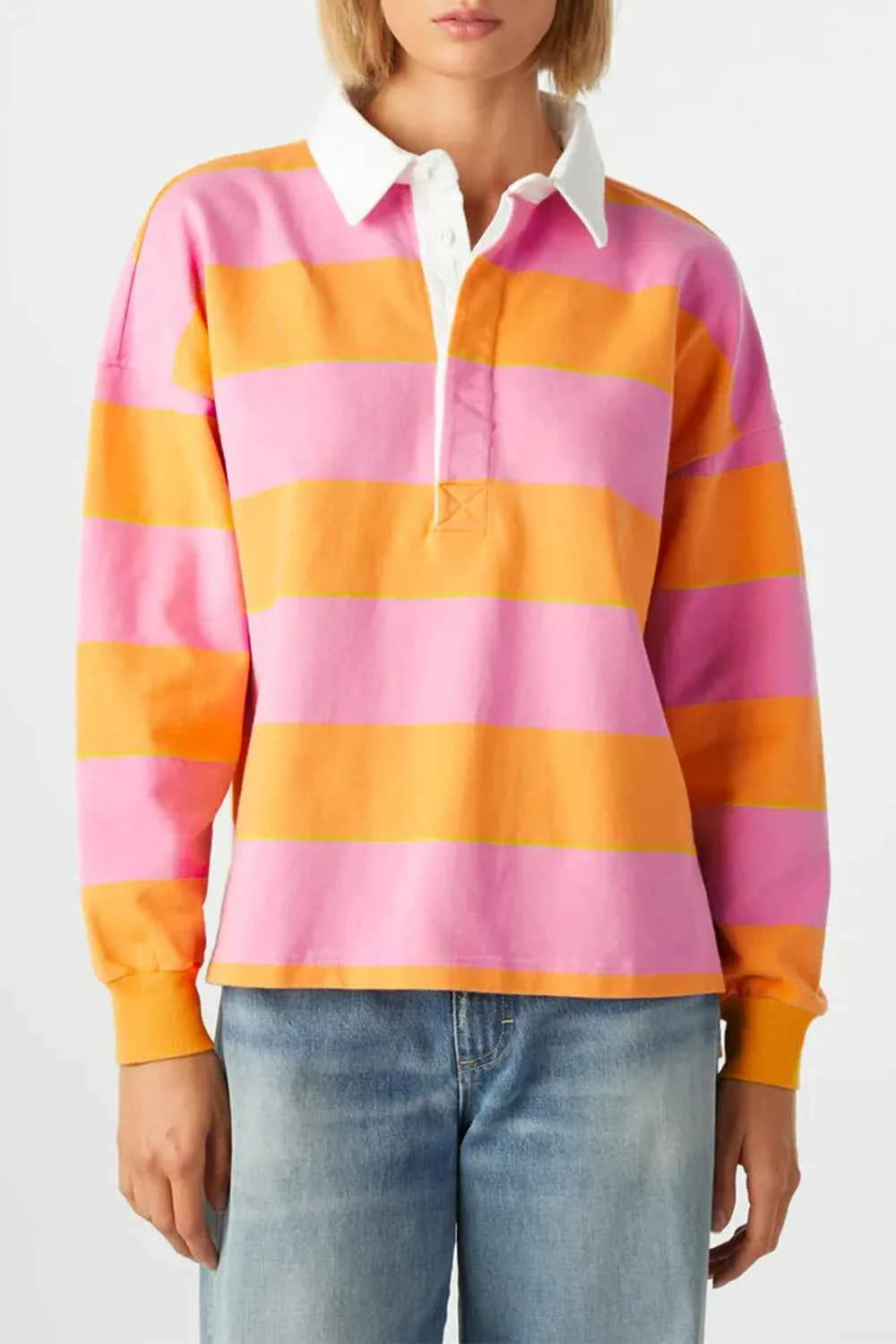 Contrast Striped Collared Neck Long Sleeve Sweatshirt f2d53df3-52d5-4a4e-97d8-c7fdf352c792-Max