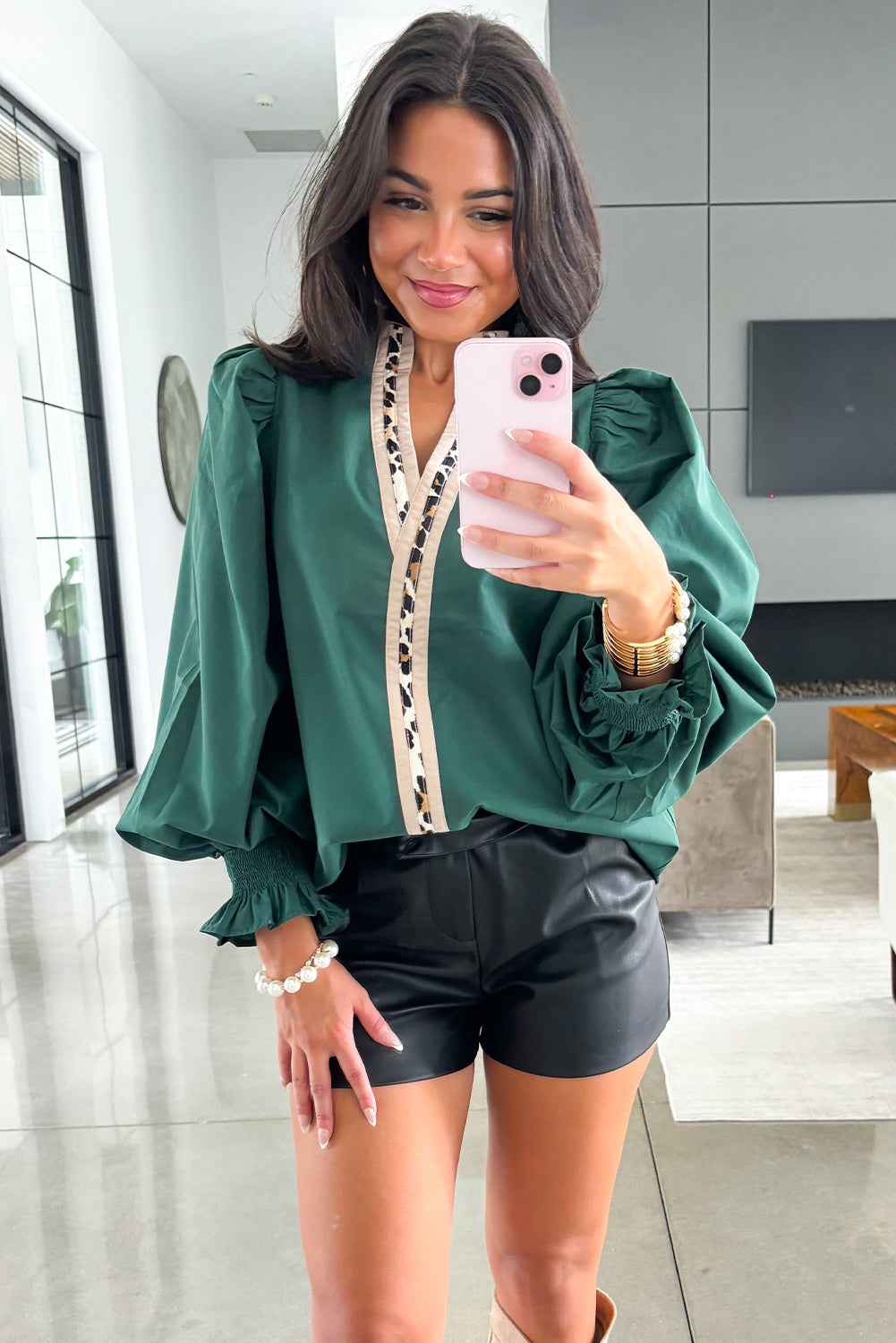Evergreen Puffy Flounce Sleeve Leopard Trim V Neck Blouse f2dab26c8ea03974