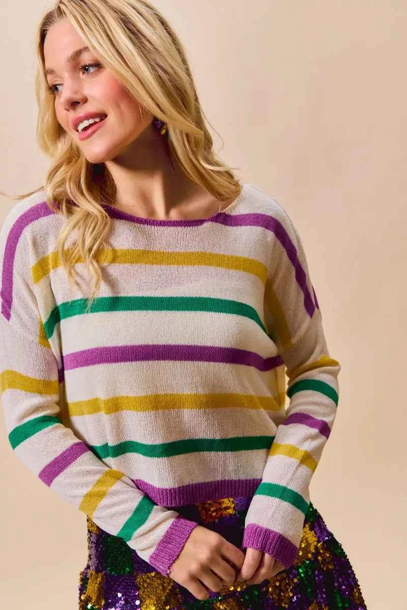 SO ME Mardi Gras Color Stripe Lightweight Sweater Top f2dae6745e534b33a6acc212b72d688e-Max-Origin