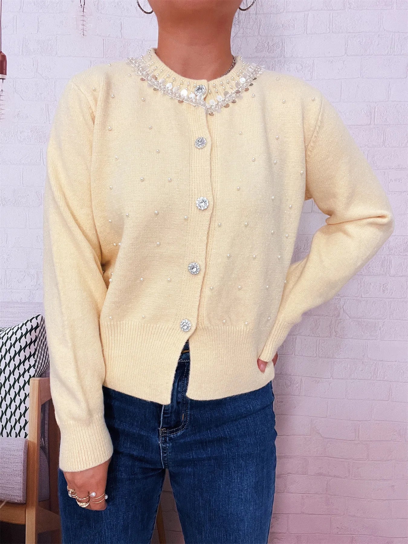Pearl Detail Button-Front Cardigan f2dba4389995480f9b432c2d144a021a-Max-Origin