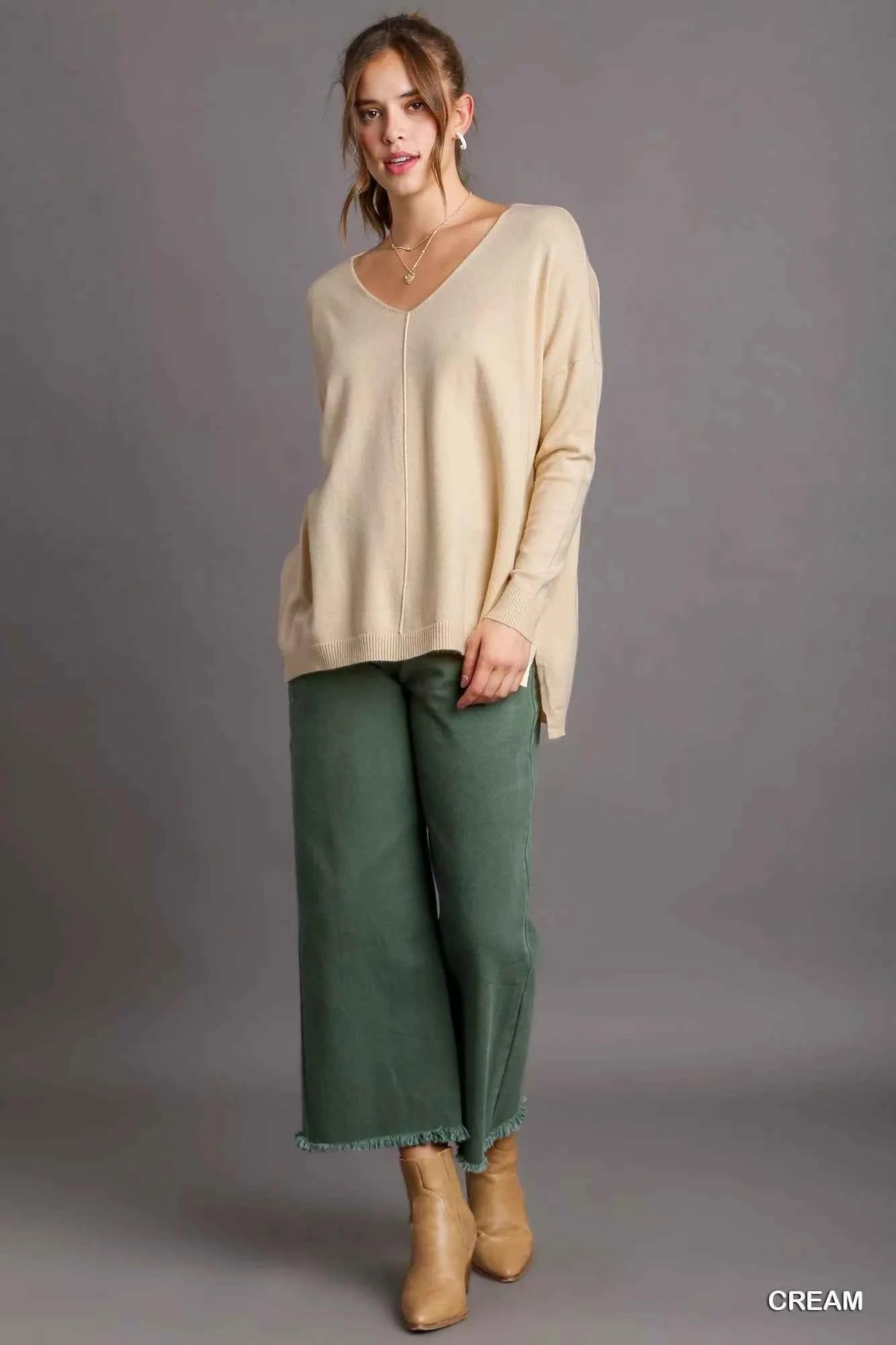 Umgee V-Neck High Low Hem Knit Top with Side Slit f2df9428-b4cb-40fd-9bc7-cf792d63b3d7-Max-Origin