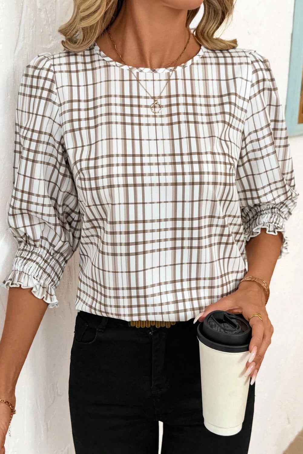 White Plaid Print Frilled Puffy Half Sleeve Blouse f2e0e5a171a61ca1
