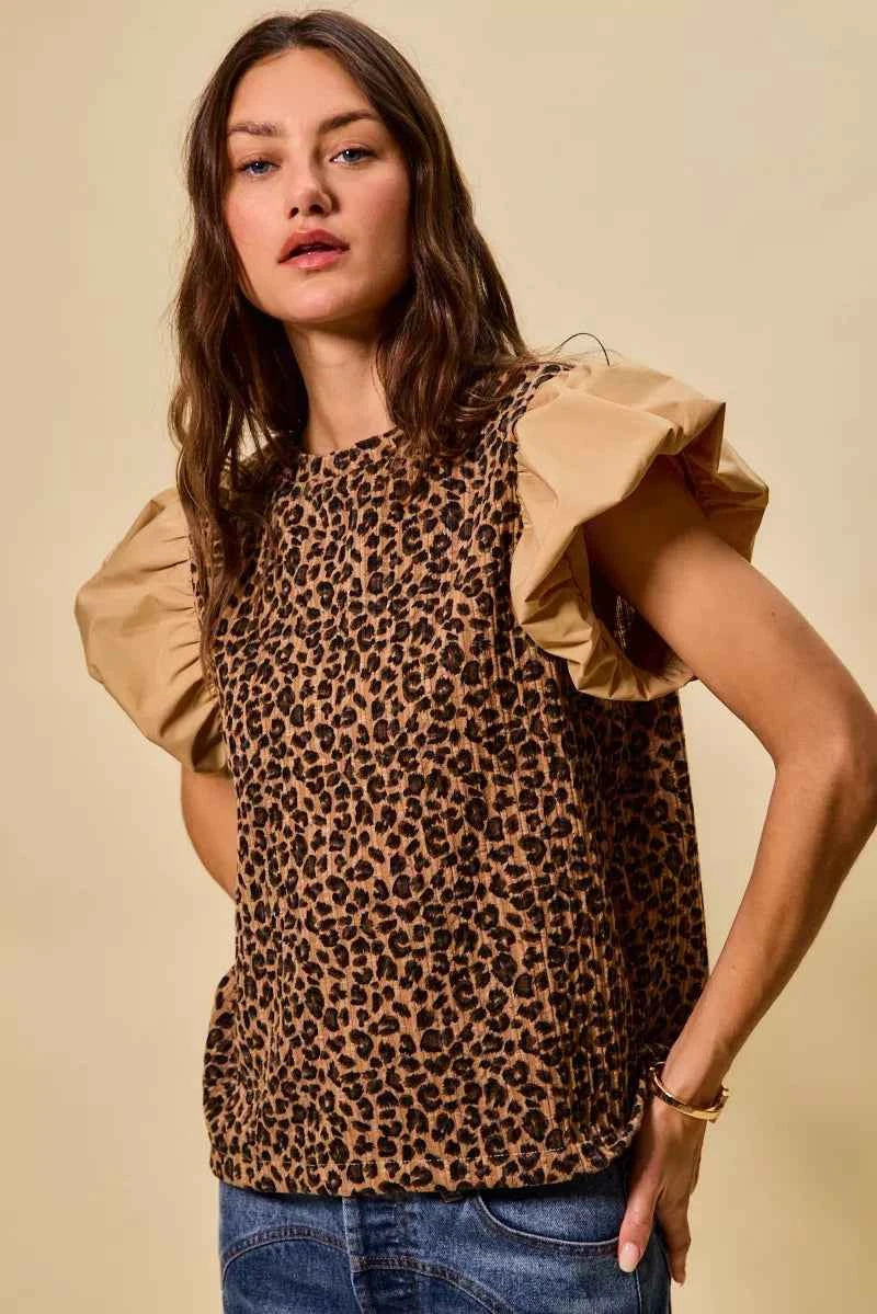 SO ME Leopard Pointelle Knit Top with Puff Sleeves f2e2c4b252a04164aafc1a2898cce11e-Max-Origin