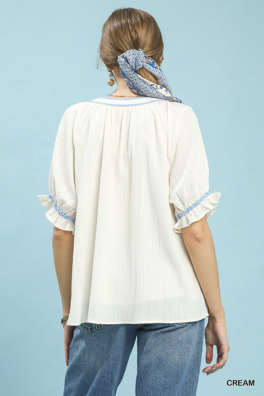 Textured Split Neck Puff Sleeve Top f2e50581-e5dc-4835-ae84-a1bf038a60bd-Max