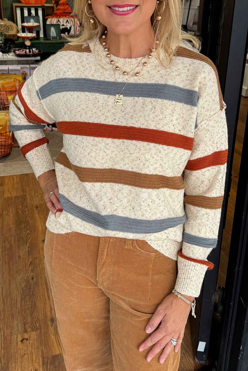 Beige Stripe Exposed Seam Drop Shoulder Heathered Knit Sweater Beige Stripe 55%Acrylic+25%Polyamide+10%Wool+10%Cotton f2eead505a36dfdc