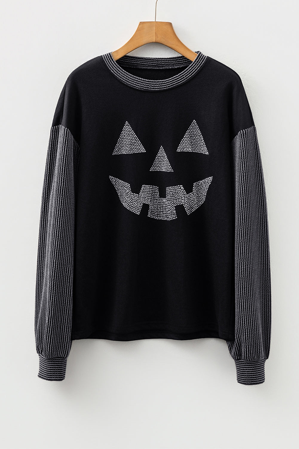 Black Halloween Rhinestone Pumpkin Contrast Ribbed Patchwork Top f2eee850331b06f6